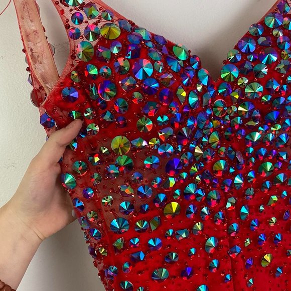 MORI LEE red beaded v neck formal maxi dress - Picture 7 of 7